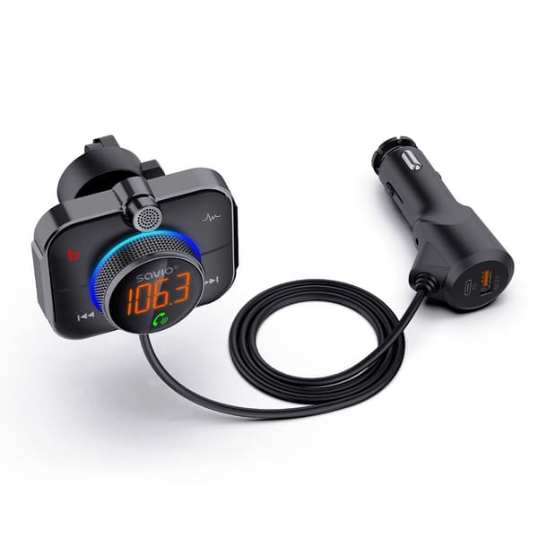 SAVIO FM-sändare, Bluetooth 5.0, QC/PD 3.0 laddare, ENC, AUX OUT, Micro SD, TR-14, svart