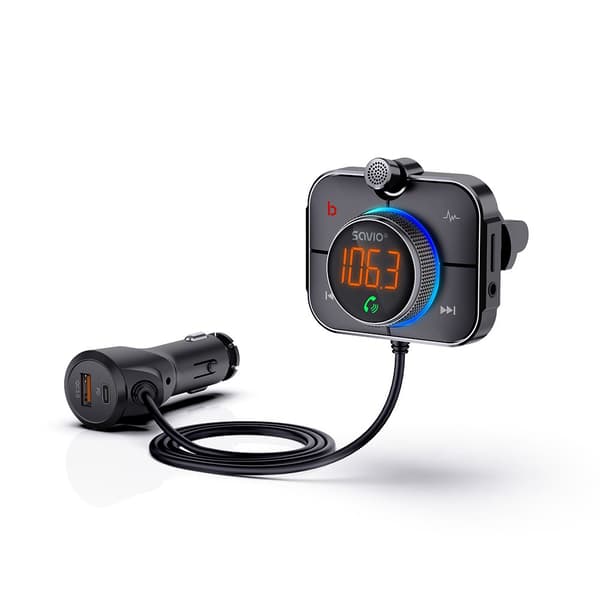SAVIO FM-lähetin, Bluetooth 5.0, QC/PD 3.0 laturi, ENC, AUX OUT, Micro SD, TR-14, musta