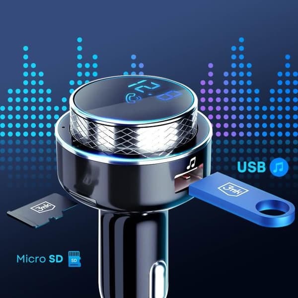 Bluetooth FM-sändare - 3MK - USB cigarettändarladdare - Quick Charge 30W - Svart