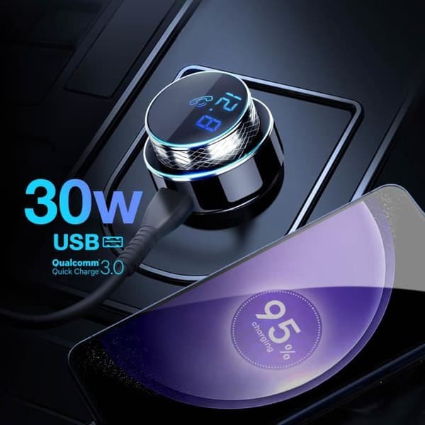 Bluetooth FM-sändare - 3MK - USB cigarettändarladdare - Quick Charge 30W - Svart