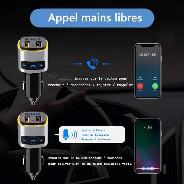 Bluetooth FM-sändare, QC3.0 FM-handsfree-sändare Bluetooth Kit Radioadapter Billaddare, färgglatt ljus