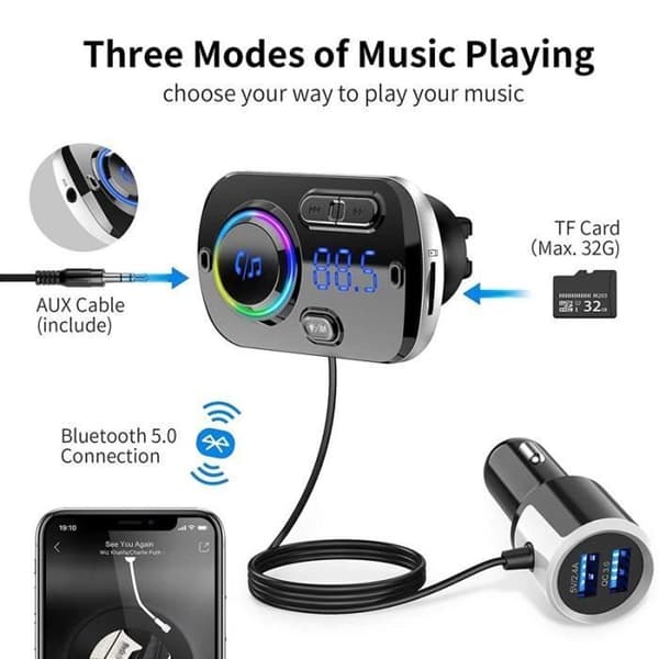 FM-sändare Bluetooth 5.0 trådlös radioadapter Handsfree Car Kit, QC3.0 och Colorful Light