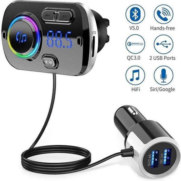 FM-sändare Bluetooth 5.0 trådlös radioadapter Handsfree Car Kit, QC3.0 och Colorful Light