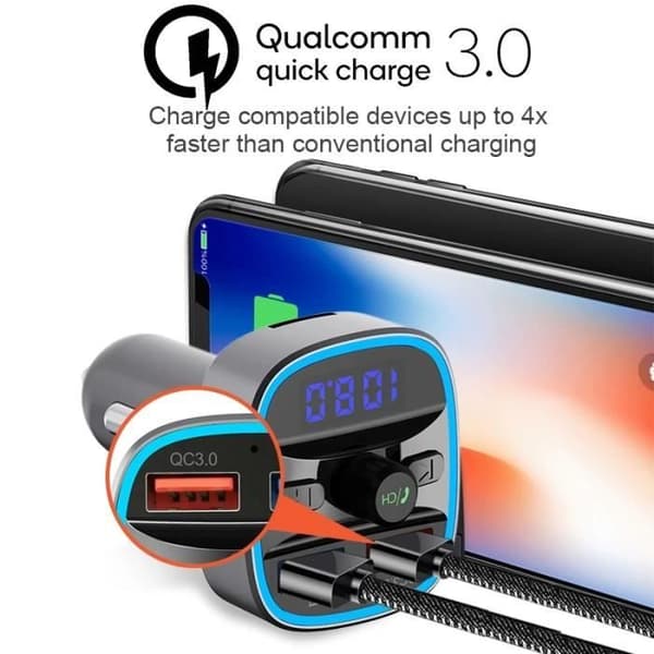 Bluetooth 5.0 FM-sändare - GOBRO - Bilmodulator - QC3.0 USB-laddare - Handsfree - Trådlöst ljud