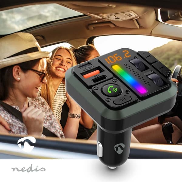 Nedis Bilstereo FM-sender | Fort | Hands free samtale | 1 " | Gul skjerm | Bluetooth® | PD 18 W / PD 20 W | Rask lading | Bass boost | Google Assistan