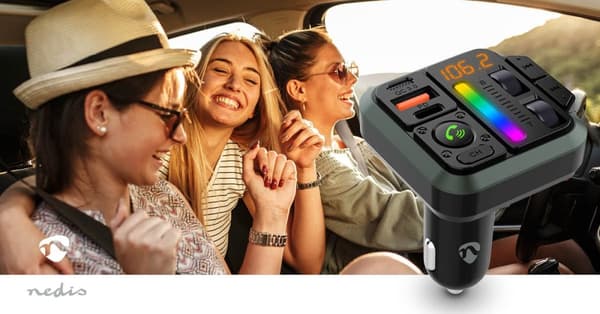 Nedis Bilstereo FM-sender | Fort | Hands free samtale | 1 " | Gul skjerm | Bluetooth® | PD 18 W / PD 20 W | Rask lading | Bass boost | Google Assistan