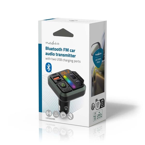 Nedis Bilstereo FM-sender | Fort | Hands free samtale | 1 " | Gul skjerm | Bluetooth® | PD 18 W / PD 20 W | Rask lading | Bass boost | Google Assistan