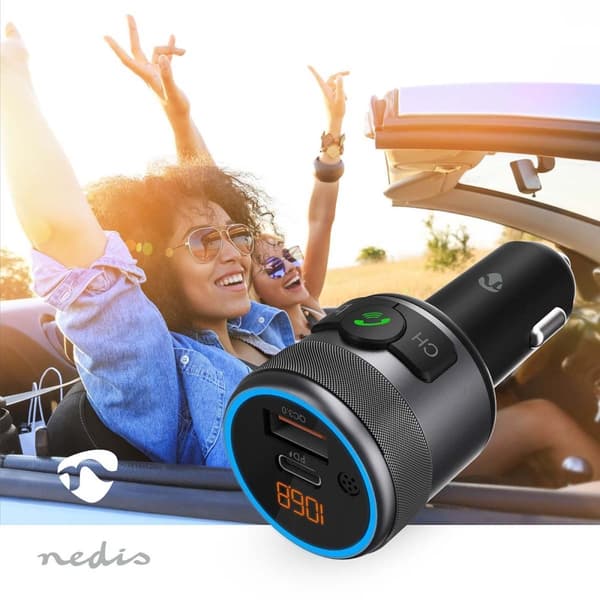 Nedis Bilstereo FM-sender | Fort | Hands free samtale | 1 " | Gul skjerm | Bluetooth® | PD 18 W / PD 24 W | Rask lading | Bass boost | Google Assistan