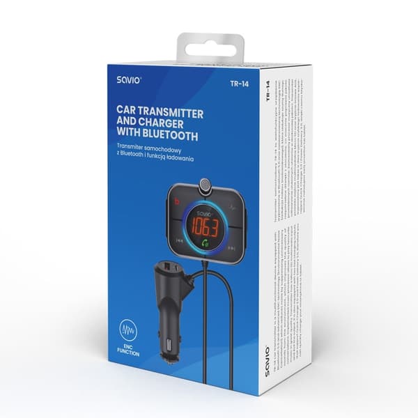 SAVIO FM-sender, Bluetooth 5.0, QC/PD 3.0 oplader, ENC, AUX OUT, Micro SD, TR-14, sort