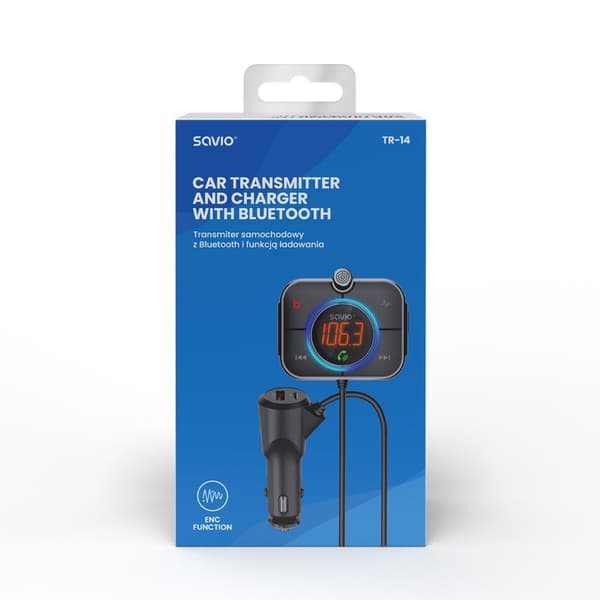 SAVIO FM-sender, Bluetooth 5.0, QC/PD 3.0 oplader, ENC, AUX OUT, Micro SD, TR-14, sort