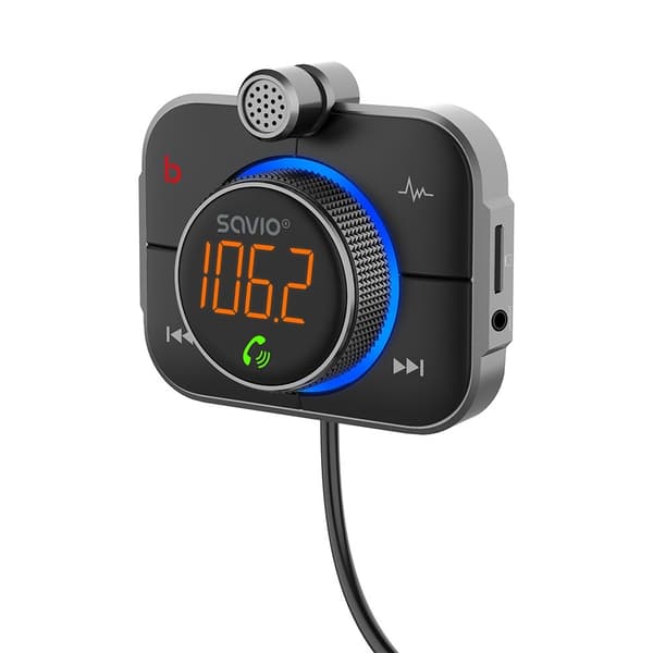 SAVIO FM-sender, Bluetooth 5.0, QC/PD 3.0 oplader, ENC, AUX OUT, Micro SD, TR-14, sort