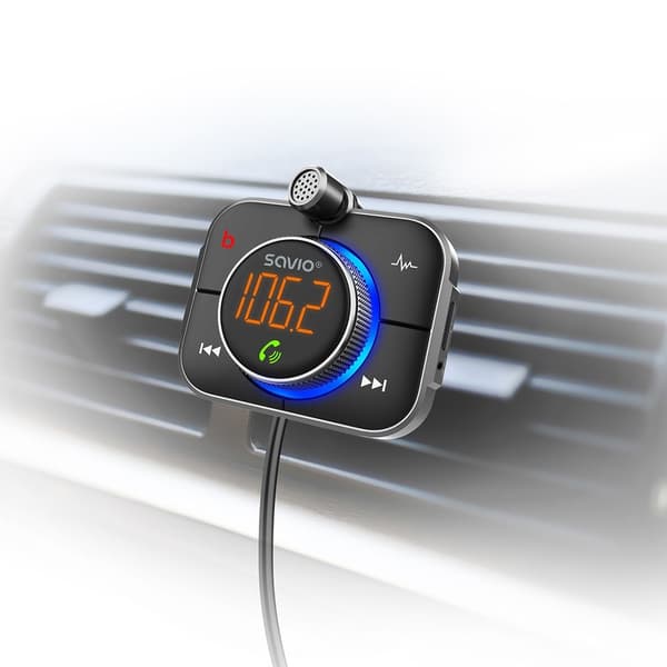 SAVIO FM-sender, Bluetooth 5.0, QC/PD 3.0 oplader, ENC, AUX OUT, Micro SD, TR-14, sort