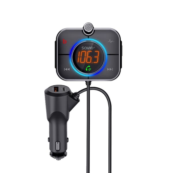 SAVIO FM-sender, Bluetooth 5.0, QC/PD 3.0 oplader, ENC, AUX OUT, Micro SD, TR-14, sort