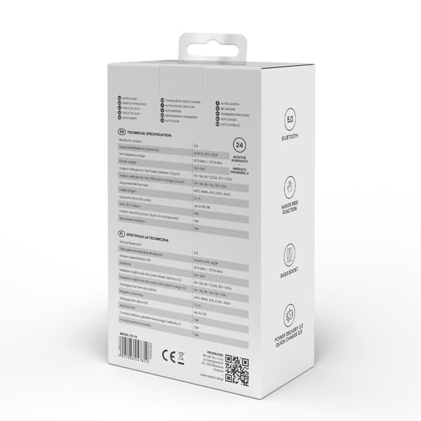 SAVIO FM-sender, Bluetooth 5.0, QC/PD 3.0 oplader, ENC, AUX OUT, Micro SD, TR-14, sort
