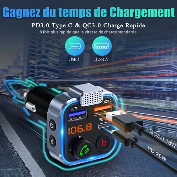 LENCENT Bluetooth Car FM-sändare 5.0, PD 20W +18W QC3.0 Snabbladdare, djupbasstöd, USB-minne, handsfreesamtal