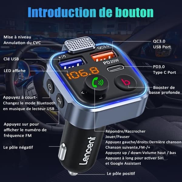 LENCENT Bluetooth Car FM-sändare 5.0, PD 20W +18W QC3.0 Snabbladdare, djupbasstöd, USB-minne, handsfreesamtal