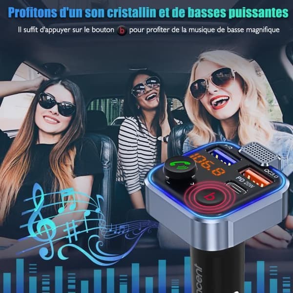 LENCENT Bluetooth Car FM-sändare 5.0, PD 20W +18W QC3.0 Snabbladdare, djupbasstöd, USB-minne, handsfreesamtal