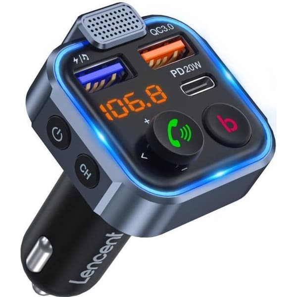 LENCENT Bluetooth Car FM-sändare 5.0, PD 20W +18W QC3.0 Snabbladdare, djupbasstöd, USB-minne, handsfreesamtal