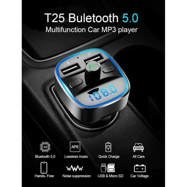 Bluetooth FM-sändare PRUMYA - T25 - Svart - Inbyggd mikrofon - Trådlös