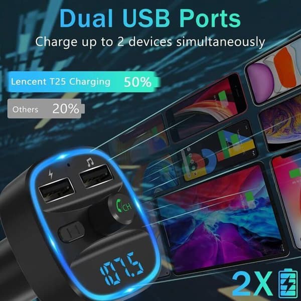 Bluetooth FM-sändare, Bluetooth MP3-spelare Trådlös radioadapter Bil FM-sändarsats Laddare, handsfreesamtal, 2 U