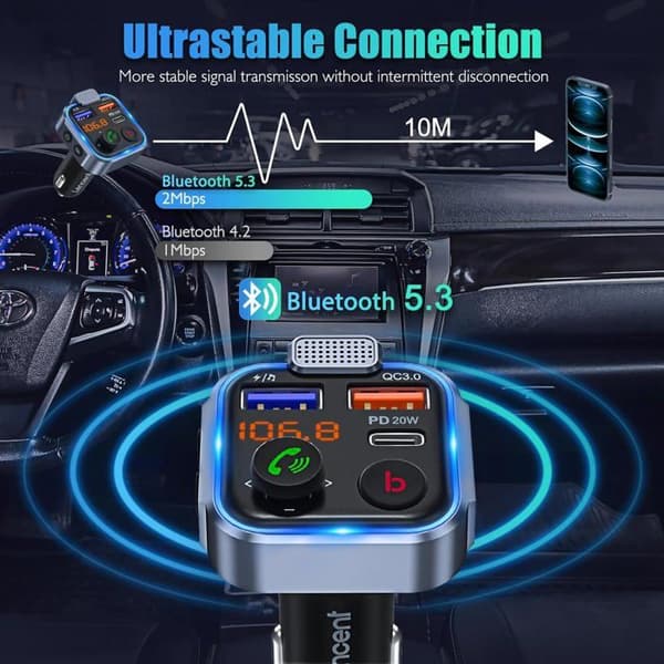Bil FM-sändare, Bluetooth 5.3 cigarettändare Radiosändare, 20W PD snabbladdare CQC3.0 Typ, handsfreesamtal, spelare