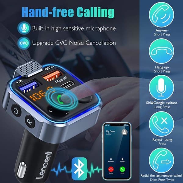 Bil FM-sändare, Bluetooth 5.3 cigarettändare Radiosändare, 20W PD snabbladdare CQC3.0 Typ, handsfreesamtal, spelare