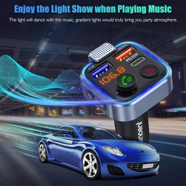 Bil FM-sändare, Bluetooth 5.3 cigarettändare Radiosändare, 20W PD snabbladdare CQC3.0 Typ, handsfreesamtal, spelare