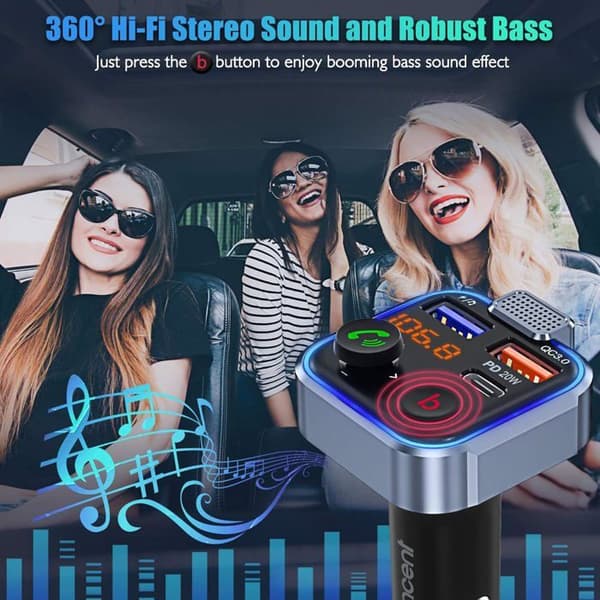 Bil FM-sändare, Bluetooth 5.3 cigarettändare Radiosändare, 20W PD snabbladdare CQC3.0 Typ, handsfreesamtal, spelare