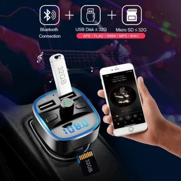 Bluetooth FM-sändare, Bluetooth MP3-spelare Trådlös radioadaptersats FM-sändare Billaddare, handsfreesamtal