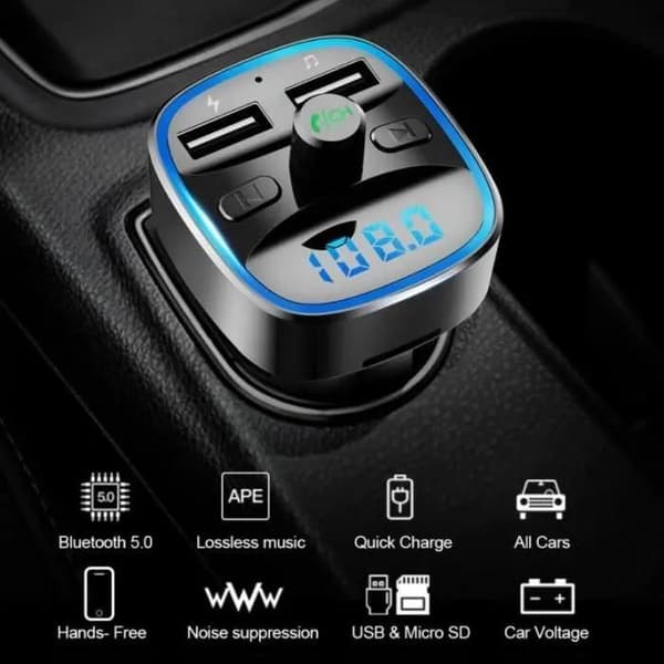 Bluetooth FM-sändare, Bluetooth MP3-spelare Trådlös radioadaptersats FM-sändare Billaddare, handsfreesamtal