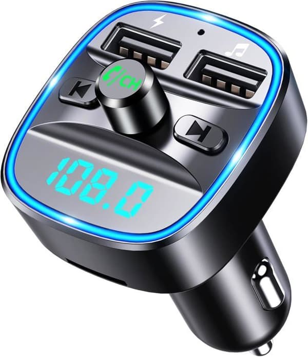 Bluetooth FM-sändare [Blue Ambient Light] Trådlös bilradiomottagare adaptersats med handsfreesamtal