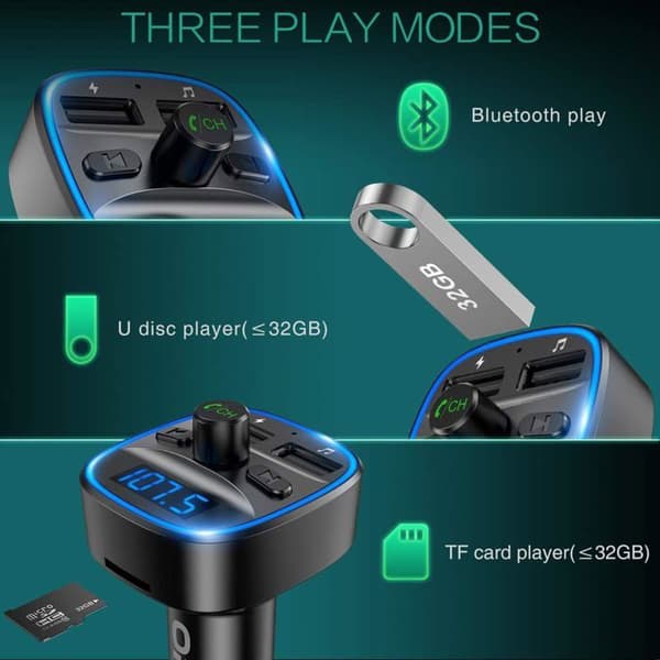 Bluetooth 5.0 FM-sändare, trådlös radioadapter med mikrofon och 2 USB-laddningsportar, Universal billaddare