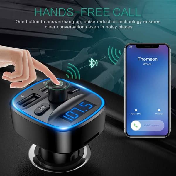 Bluetooth 5.0 FM-sändare, trådlös radioadapter med mikrofon och 2 USB-laddningsportar, Universal billaddare