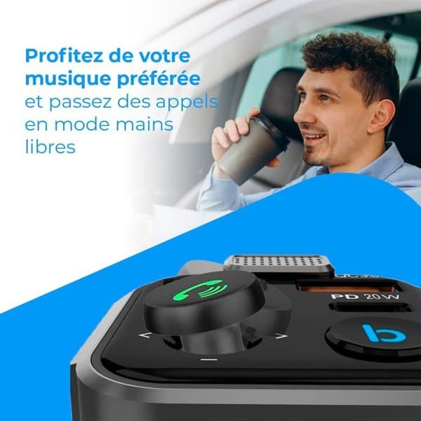 FM Bluetooth-sändare - 3 laddningsportar: X2 USB QC3.0 + X1 PD 3.0 Typ C 20W, Handsfree-funktion, Avbrötning av