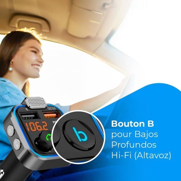 FM Bluetooth-sändare - 3 laddningsportar: X2 USB QC3.0 + X1 PD 3.0 Typ C 20W, Handsfree-funktion, Avbrötning av