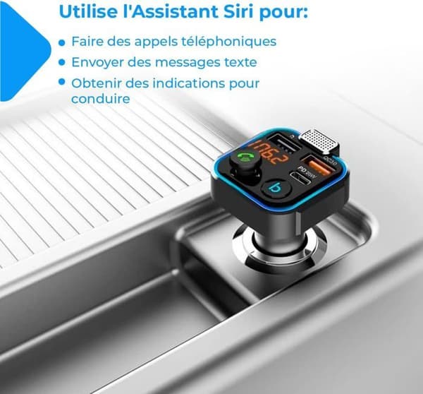 FM Bluetooth-sändare - 3 laddningsportar: X2 USB QC3.0 + X1 PD 3.0 Typ C 20W, Handsfree-funktion, Avbrötning av