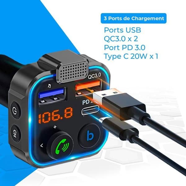 FM Bluetooth-sändare - 3 laddningsportar: X2 USB QC3.0 + X1 PD 3.0 Typ C 20W, Handsfree-funktion, Avbrötning av