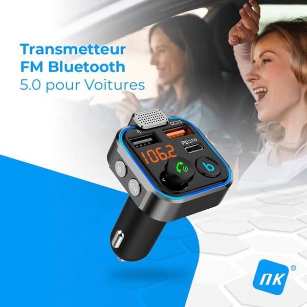 FM Bluetooth-sändare - 3 laddningsportar: X2 USB QC3.0 + X1 PD 3.0 Typ C 20W, Handsfree-funktion, Avbrötning av