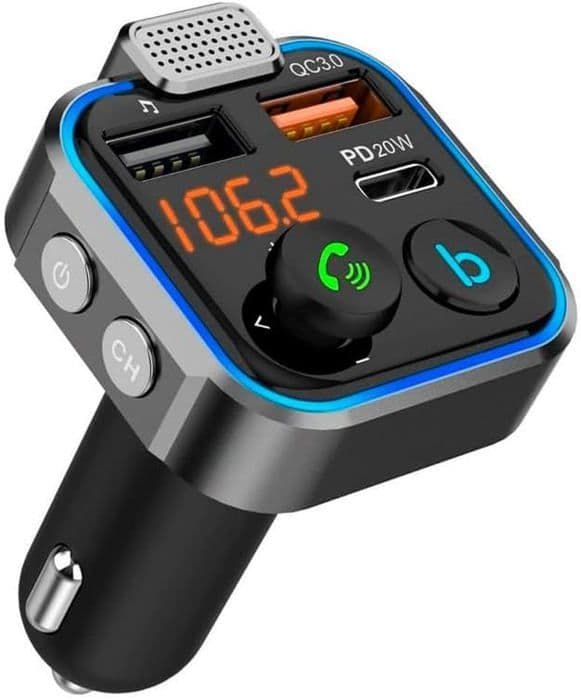 FM Bluetooth-sändare - 3 laddningsportar: X2 USB QC3.0 + X1 PD 3.0 Typ C 20W, Handsfree-funktion, Avbrötning av