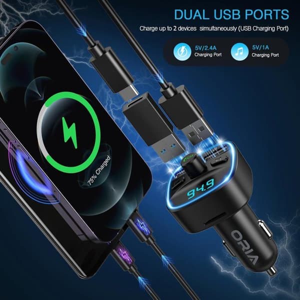 FM-sändare Bluetooth 5.3, Avancerad Bluetooth Kit Bil, Dubbel USB-portar med QC3.0, Trådlös handsfree-samtal för skärm