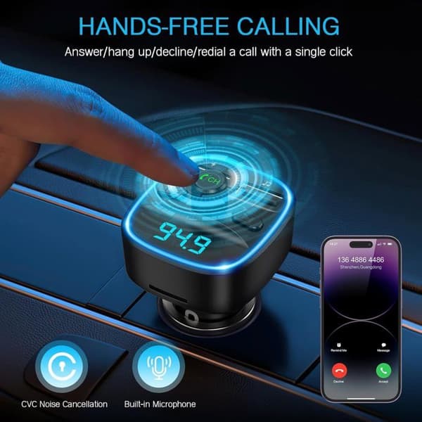 FM-sändare Bluetooth 5.3, Avancerad Bluetooth Kit Bil, Dubbel USB-portar med QC3.0, Trådlös handsfree-samtal för skärm