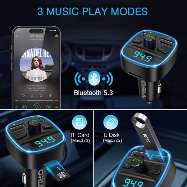 FM-sändare Bluetooth 5.3, Avancerad Bluetooth Kit Bil, Dubbel USB-portar med QC3.0, Trådlös handsfree-samtal för skärm