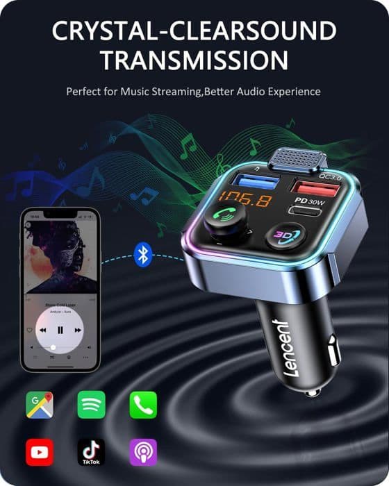 FM-sändare Bluetooth Bil, Bluetooth 5.3 Cigarettändare FM Radio Sändare, Snabb Billaddare PD 30W &amp; QC3.0 A