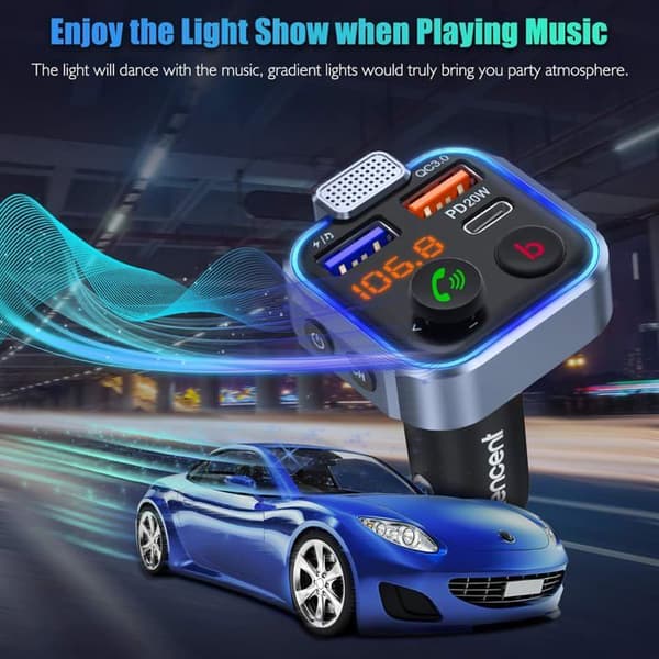 FM-sändare Bil, Bluetooth 5.3 Radioöverförare för Cigarettändare, Snabbladdare Pd 20W Typ C + Qc3.0, Handsfree-samtal