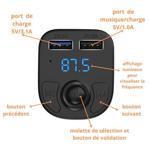 Transmitter Laddare FM Bluetooth 5.0 Adapter Radio Musik Handsfree Samtal 2 USB-portar Bil Cigarettändare Phonillico®