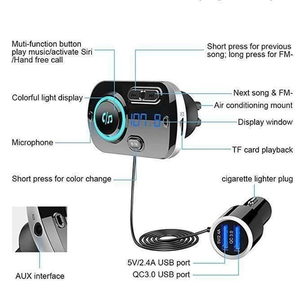 FM-sändare Bluetooth 5.0 trådlös radioadapter Handsfree bilsats, QC3.0 och 5V-2.4A snabbladdare