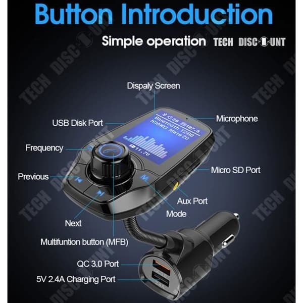 Bluetooth FM-bilöverföringsare, handsfree, MP3 T26D / Färg stor skärm QC3.0 snabbladdning, FM-radio / MP3