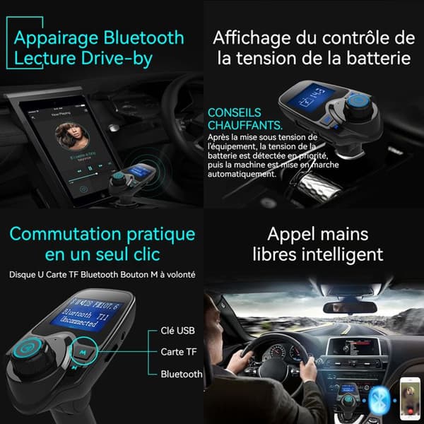 TD® Bluetooth FM-sändare handsfree bilsats, billaddare med 2 USB-portar, 1,4" LCD-skärm, TF-USB-minne