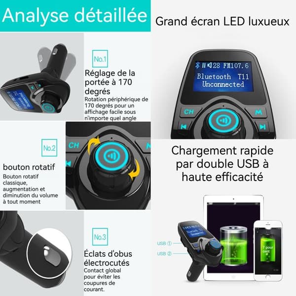 TD® Bluetooth FM-sändare handsfree bilsats, billaddare med 2 USB-portar, 1,4" LCD-skärm, TF-USB-minne
