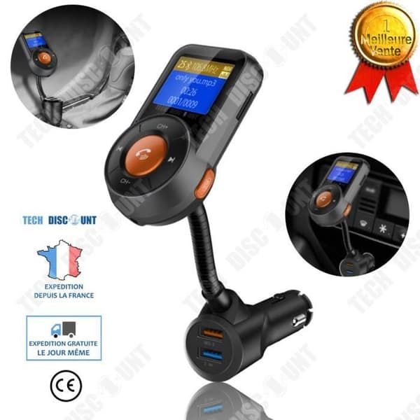 TD® FM-sändare bluetooth bilsats handsfree trådlöst uttag adapter radio LED-display USB-port original svart laddare